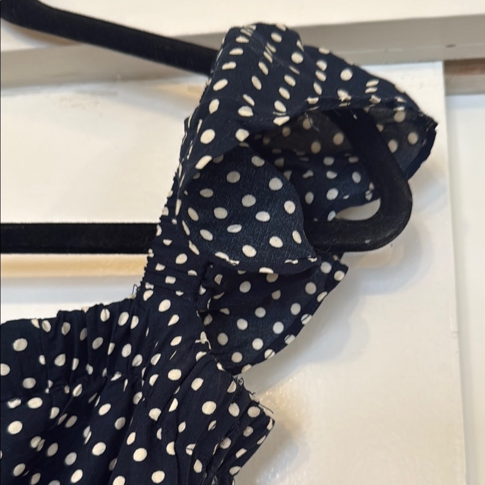 LULUS, Dream Love Navy Blue Polka Dot Off-the-Shoulder Maxi Dress - Picture 9 of 11